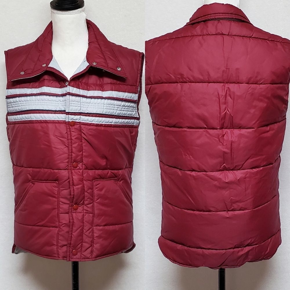 VINTAGE 1970s JCPENNEY Maroon Gray Striped Sleeveless Filled Puffer Vest Medium